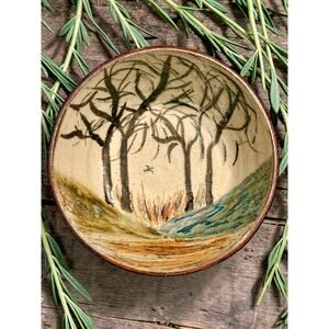 Janet Resnick Studio Pottery Bowl-Signed-Hand Painted Landscape-Ceramic-Vintage
